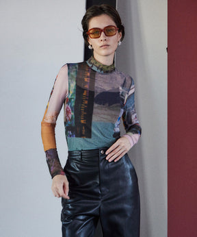 Photo Collage Sheer High Neck Top