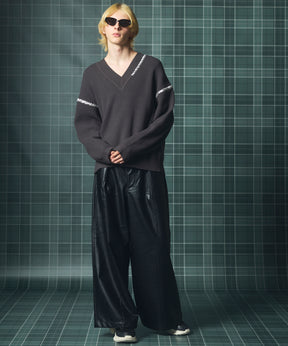 Artificial Leather Pin-Tuck Wide Pants
