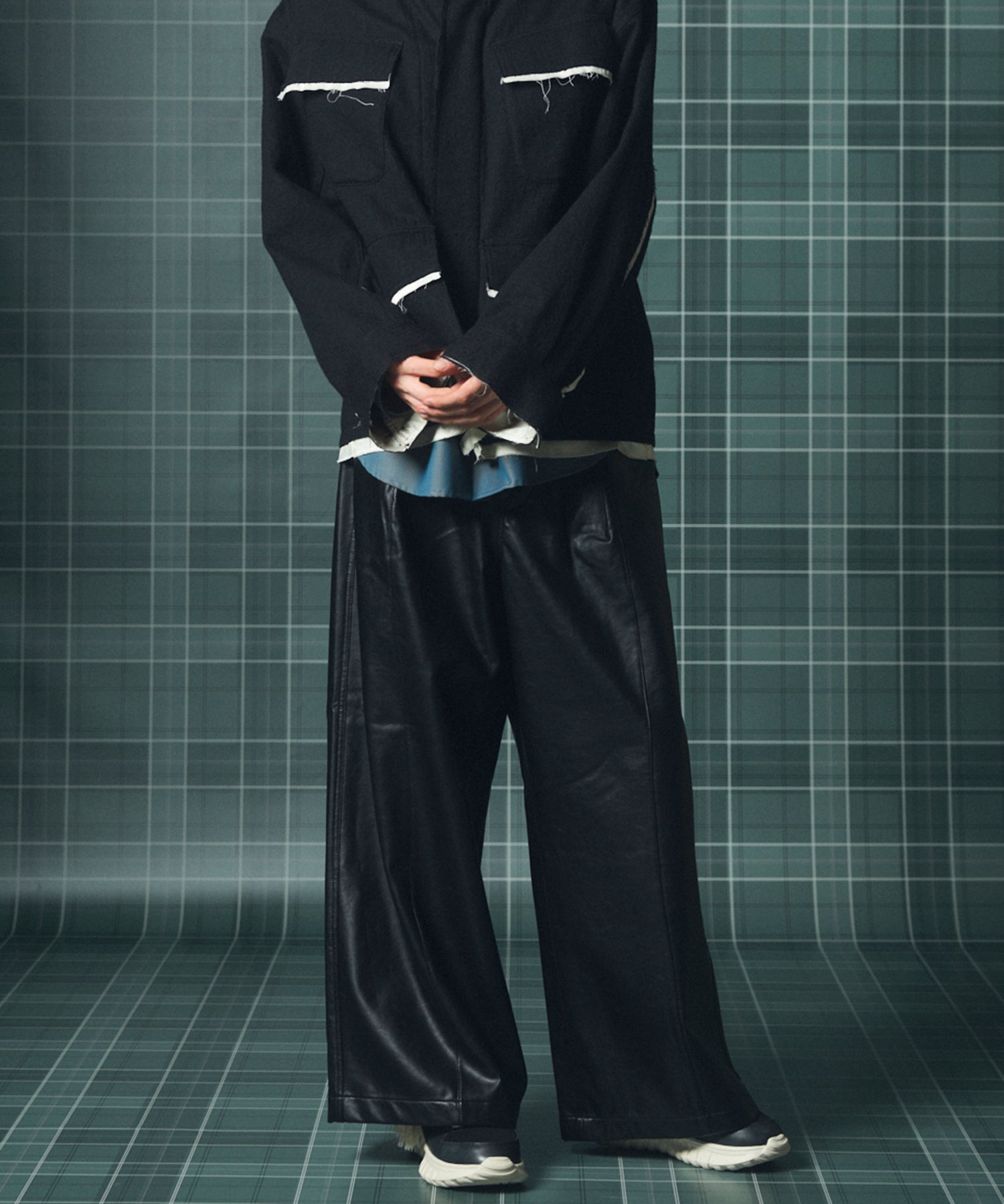 Artificial Leather Pin-Tuck Wide Pants