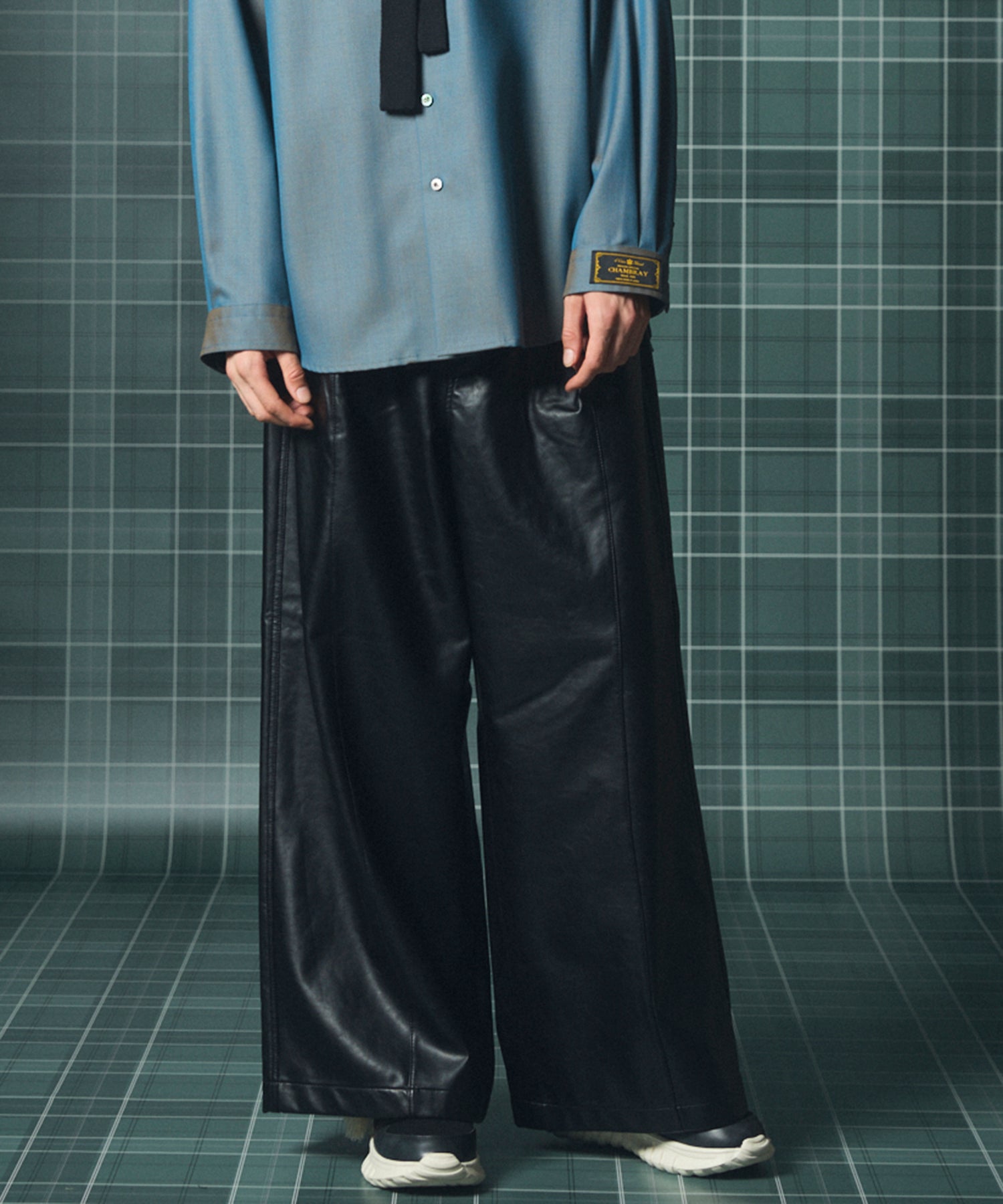 Artificial Leather Pin-Tuck Wide Pants