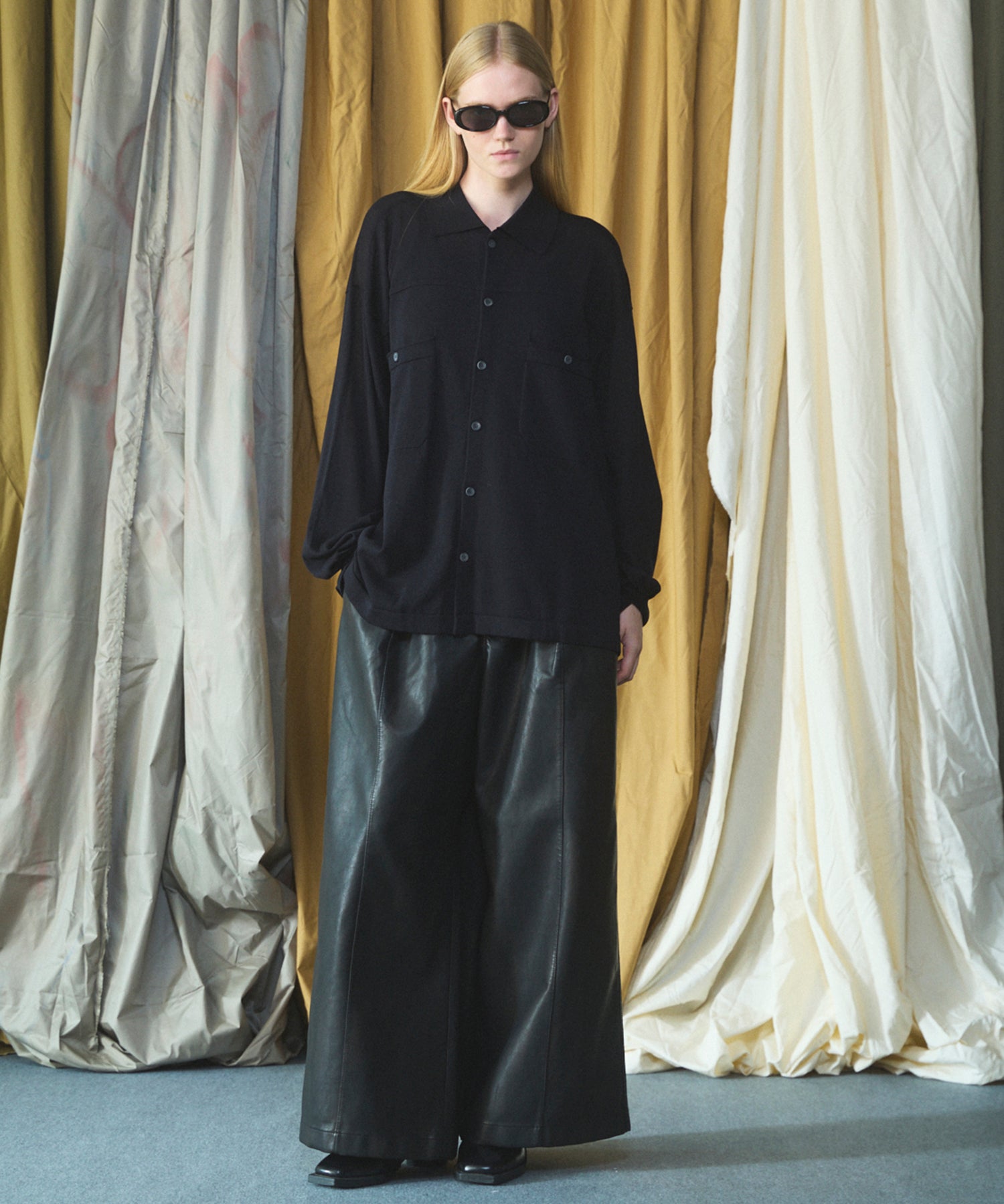 Artificial Leather Pin-Tuck Wide Pants