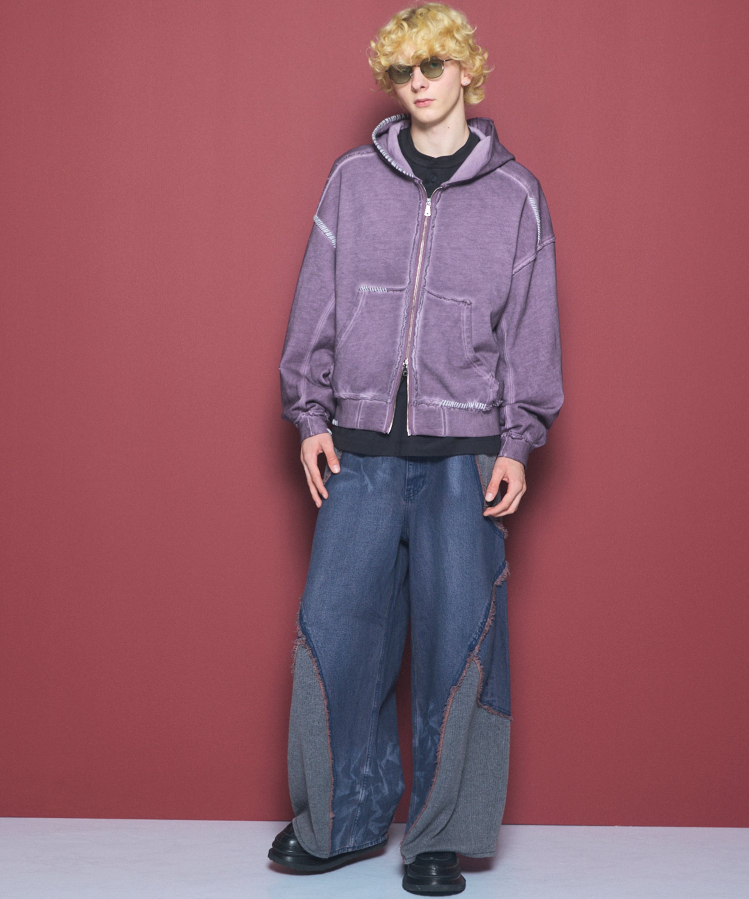 Different Material Docking Prime-Wide Denim Pants