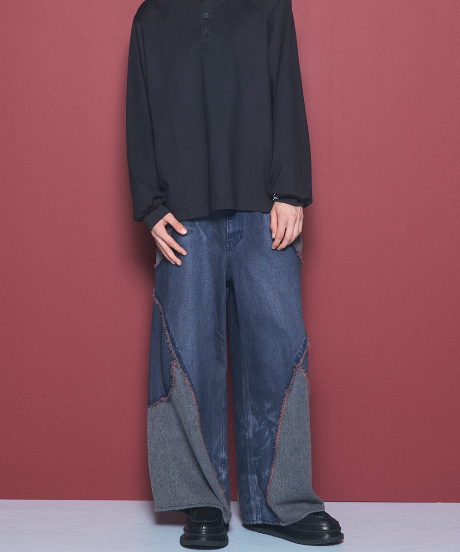 Different Material Docking Prime-Wide Denim Pants