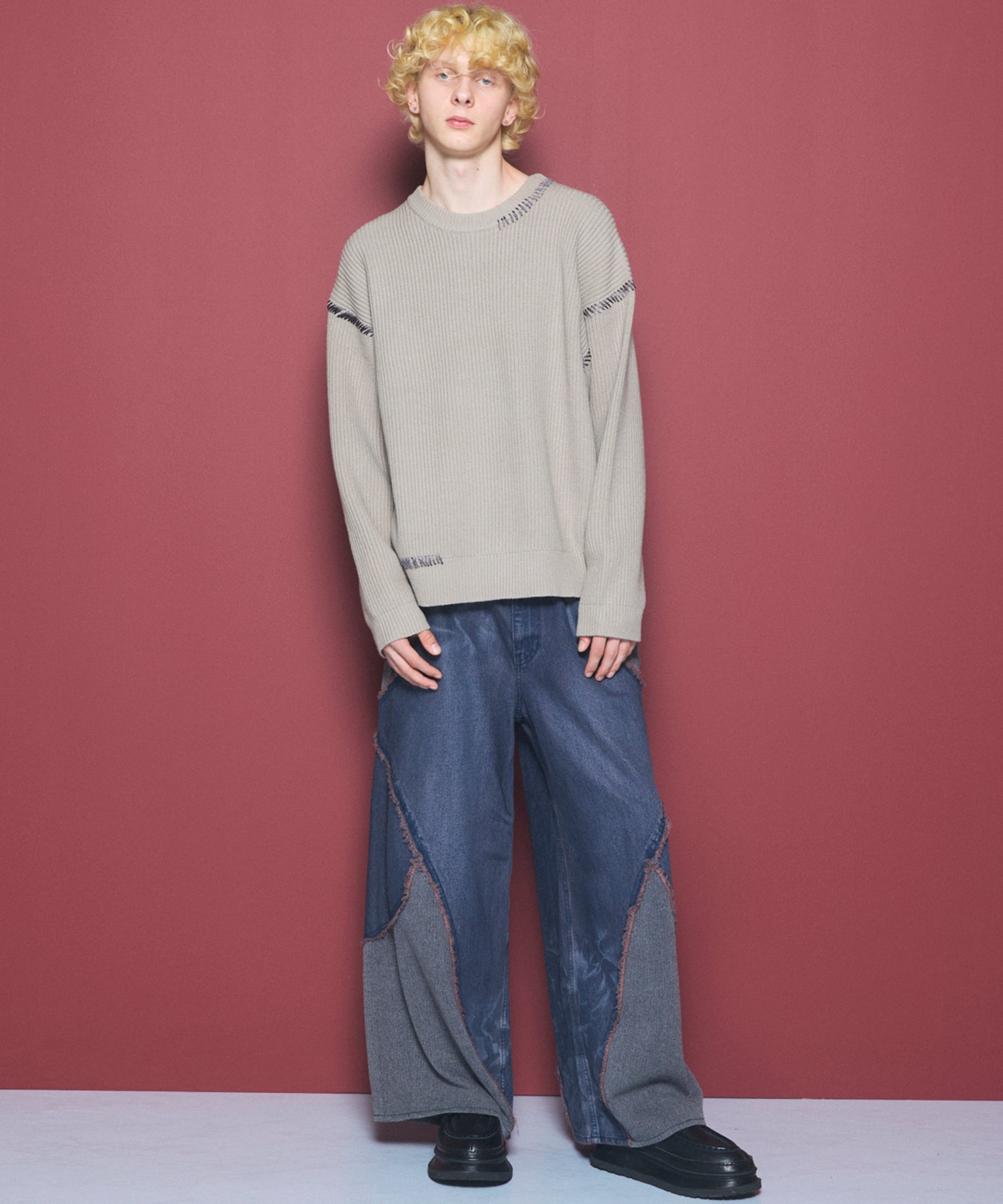 Different Material Docking Prime-Wide Denim Pants