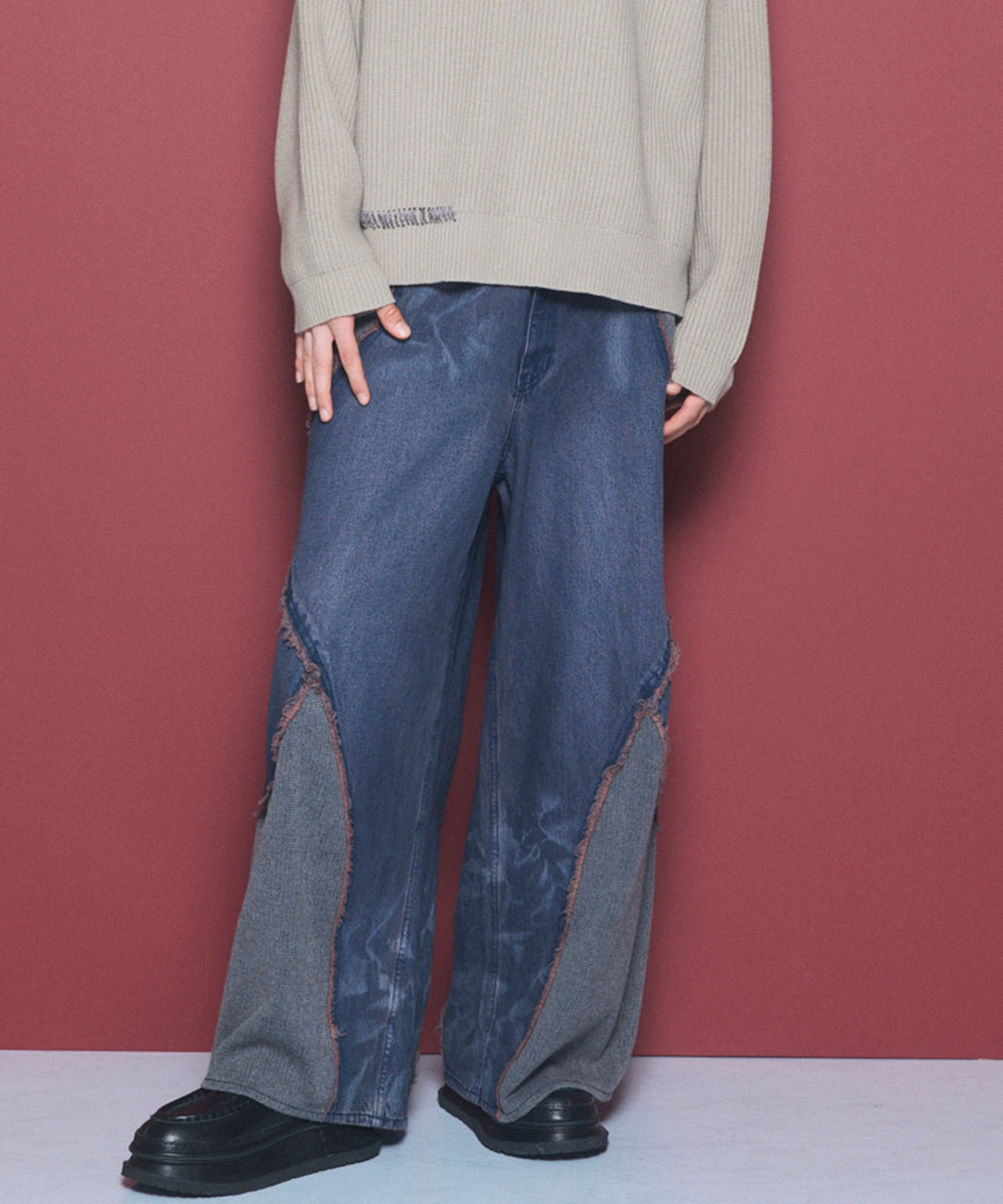 Different Material Docking Prime-Wide Denim Pants