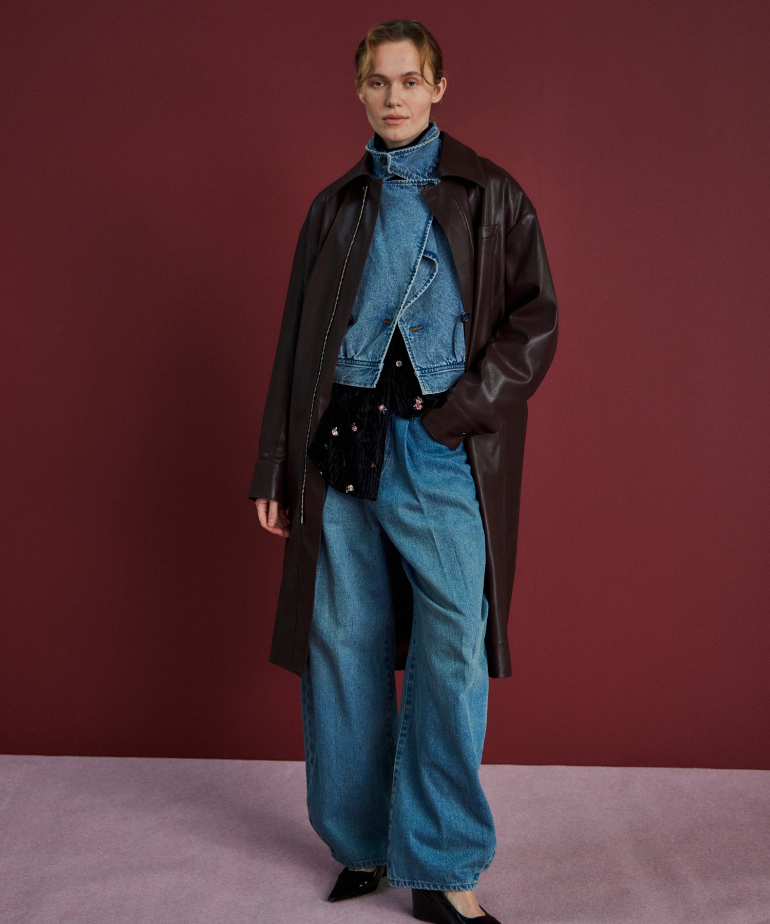 Soutien Collar Leather Long Coat