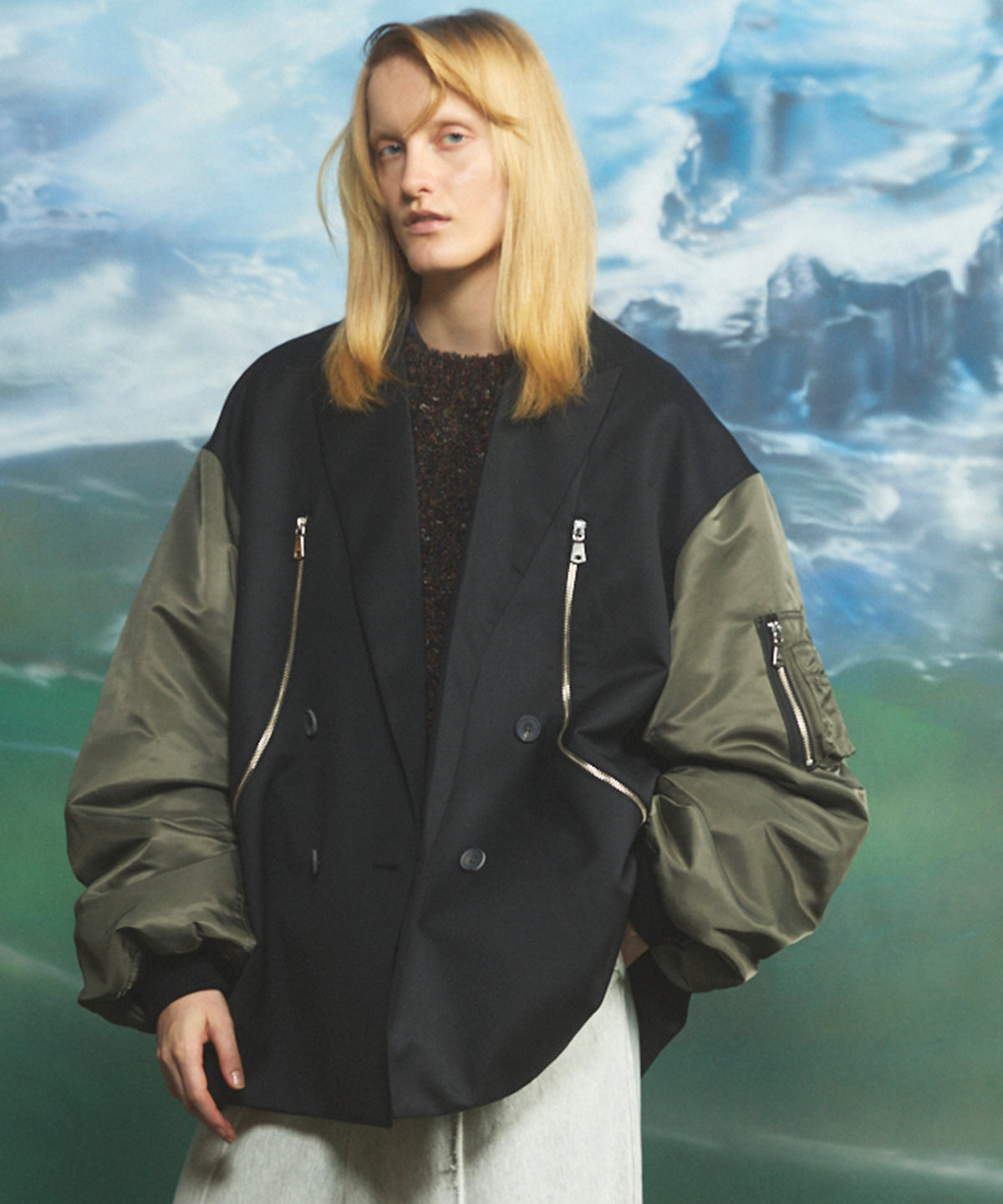 Prime-Over MA-1 Sleeve Double Breasted Curved Zip Tailored Jacket