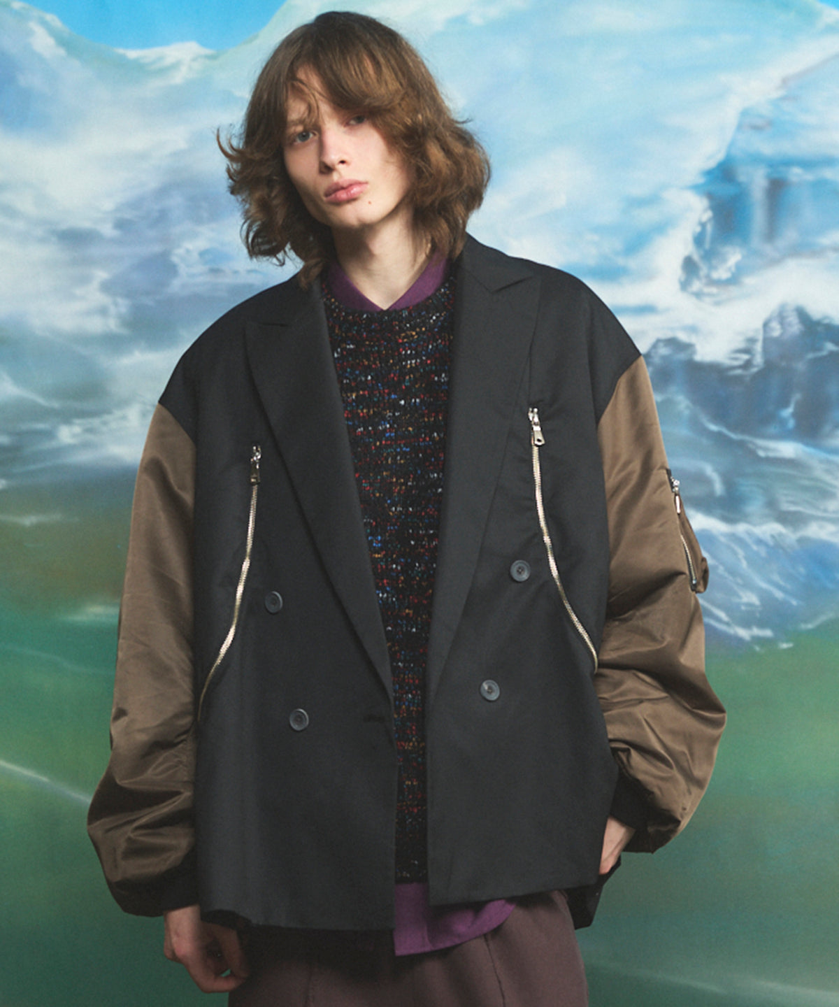 Prime-Over MA-1 Sleeve Double Breasted Curved Zip Tailored Jacket
