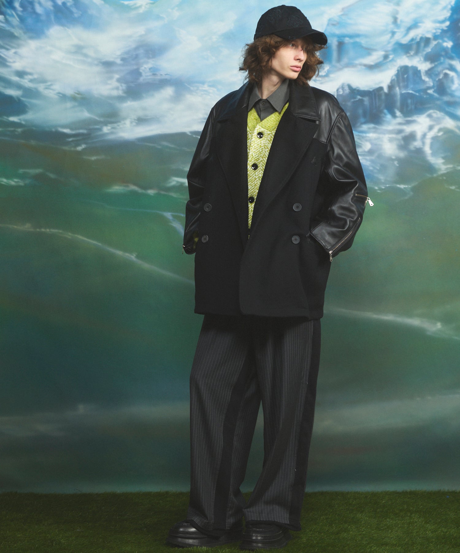Sheep Leather Melton Combination Pea Coat