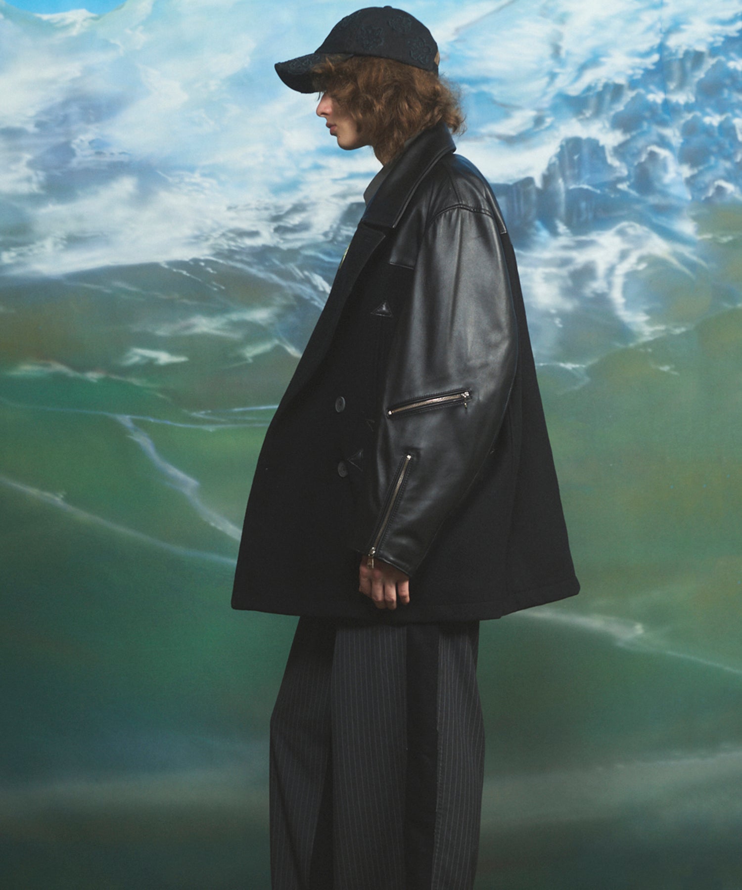 Sheep Leather Melton Combination Pea Coat