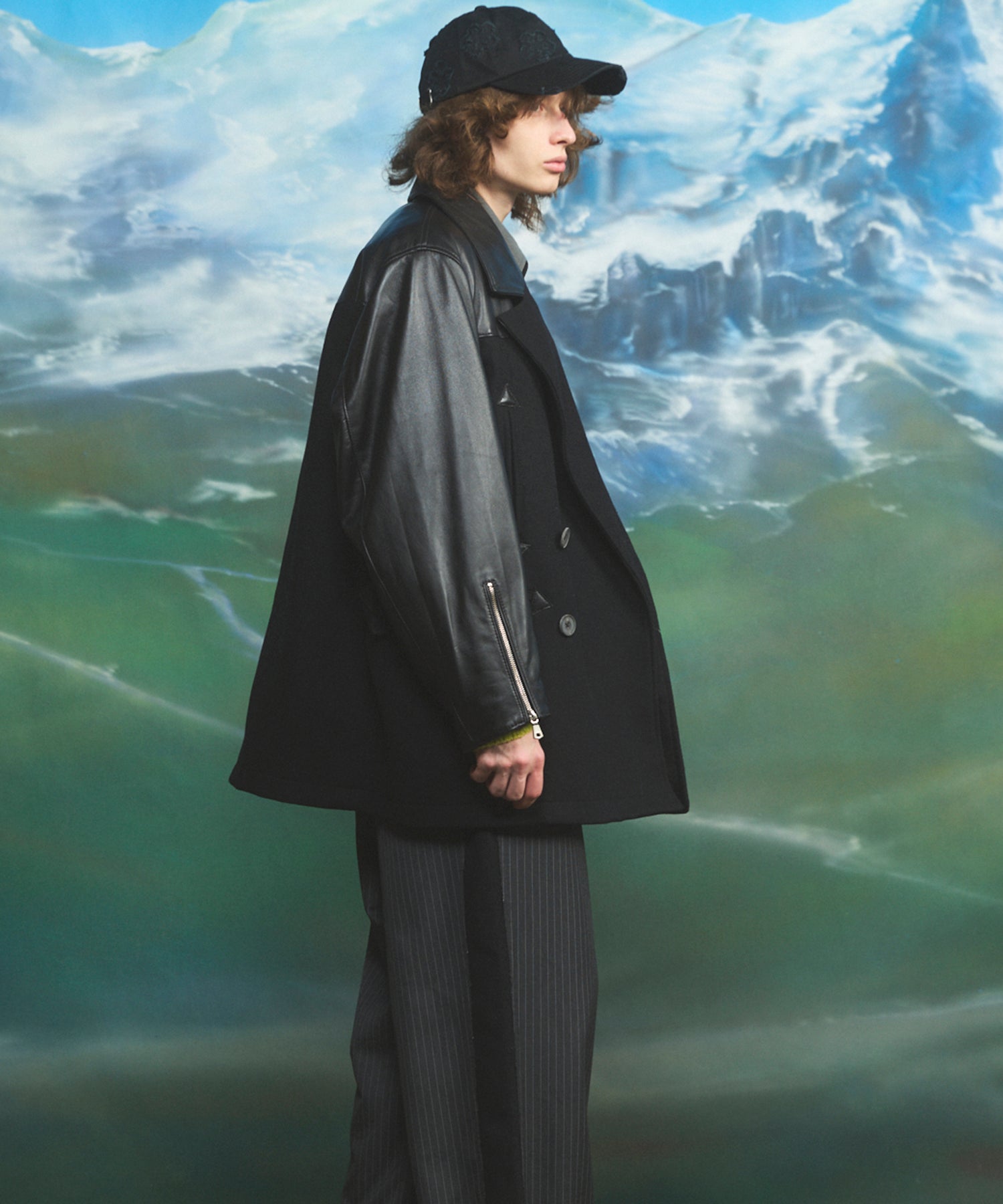 Sheep Leather Melton Combination Pea Coat