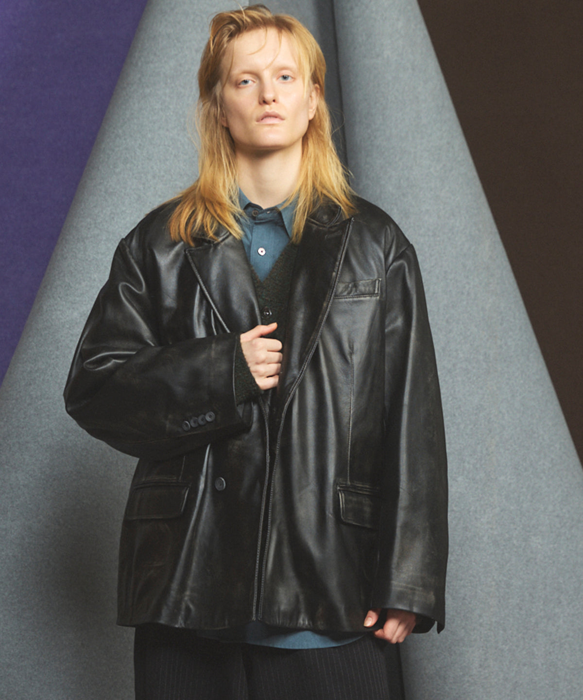 Sheep Leather Peaked Lapel Semi-Double Tailored Jacket