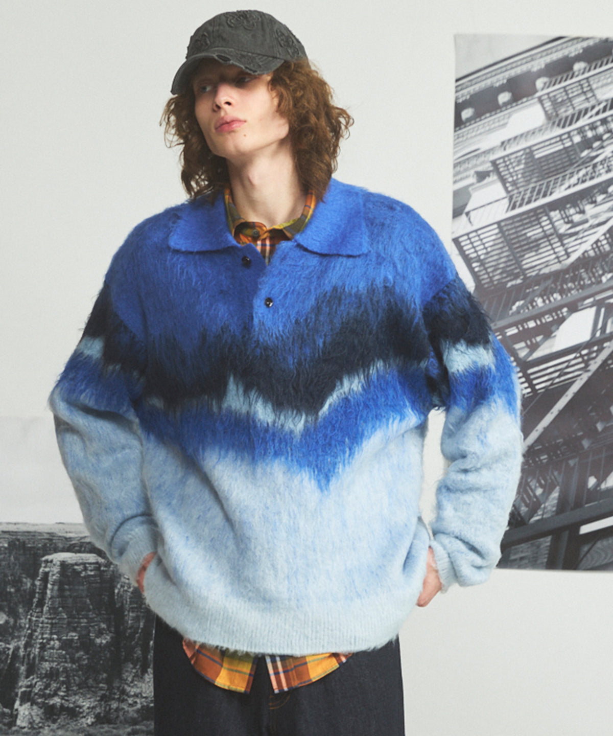 【26AW PRE-ORDER】グラデーションエアリーシャギープライムオーバーニットポロシャツ