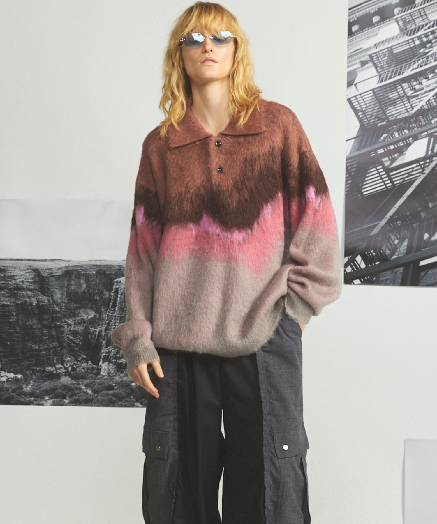 【26AW PRE-ORDER】グラデーションエアリーシャギープライムオーバーニットポロシャツ