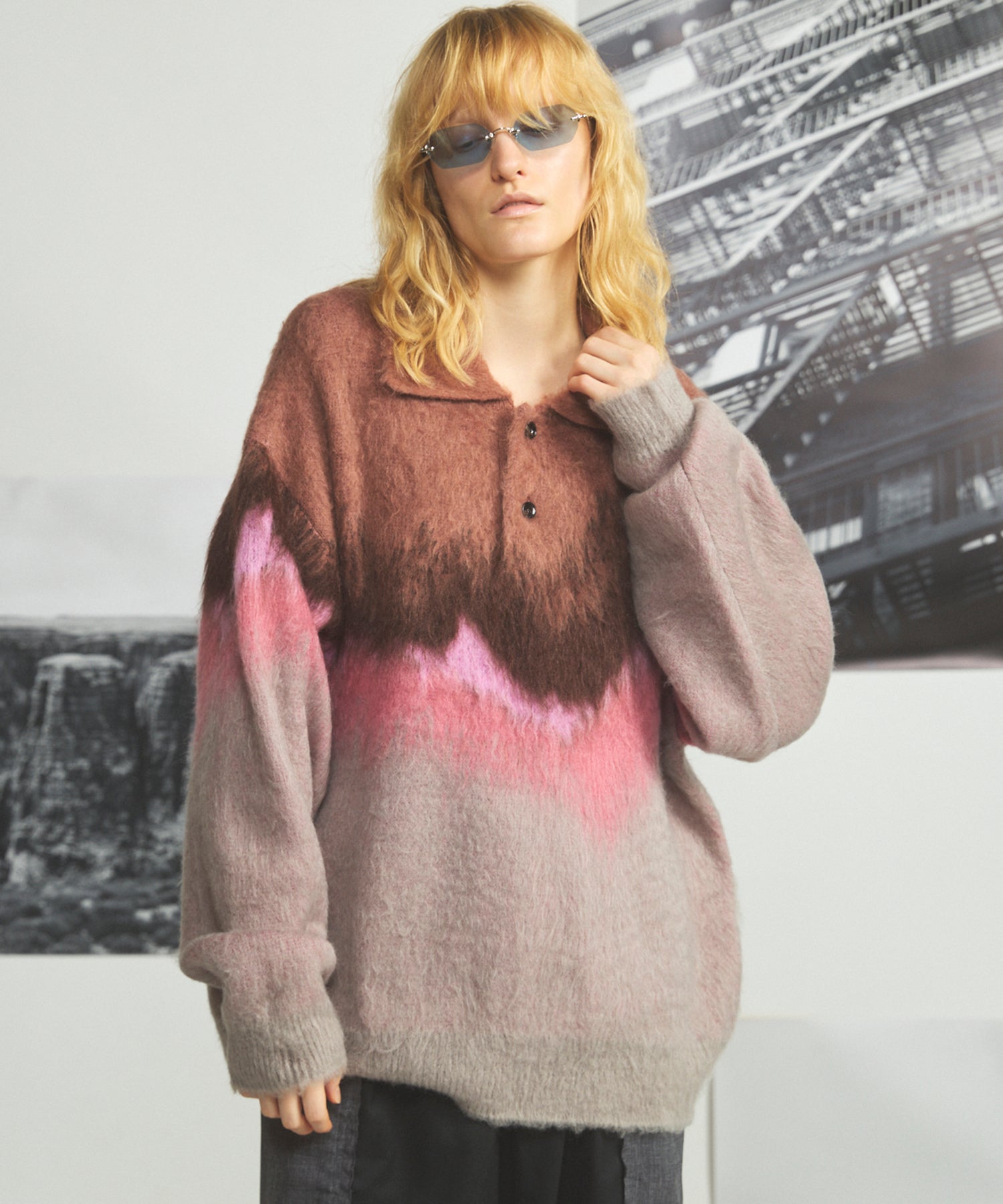【26AW PRE-ORDER】グラデーションエアリーシャギープライムオーバーニットポロシャツ