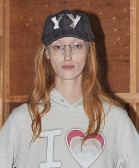 【OPEN YY】YY CHECKRED HEART BONE BALL CAP-BRN