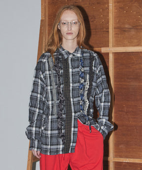 【OPEN YY】CHECKERED CRINKLE RUFFLE SHIRT