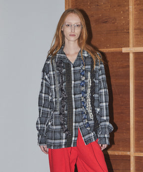 【OPEN YY】CHECKERED CRINKLE RUFFLE SHIRT