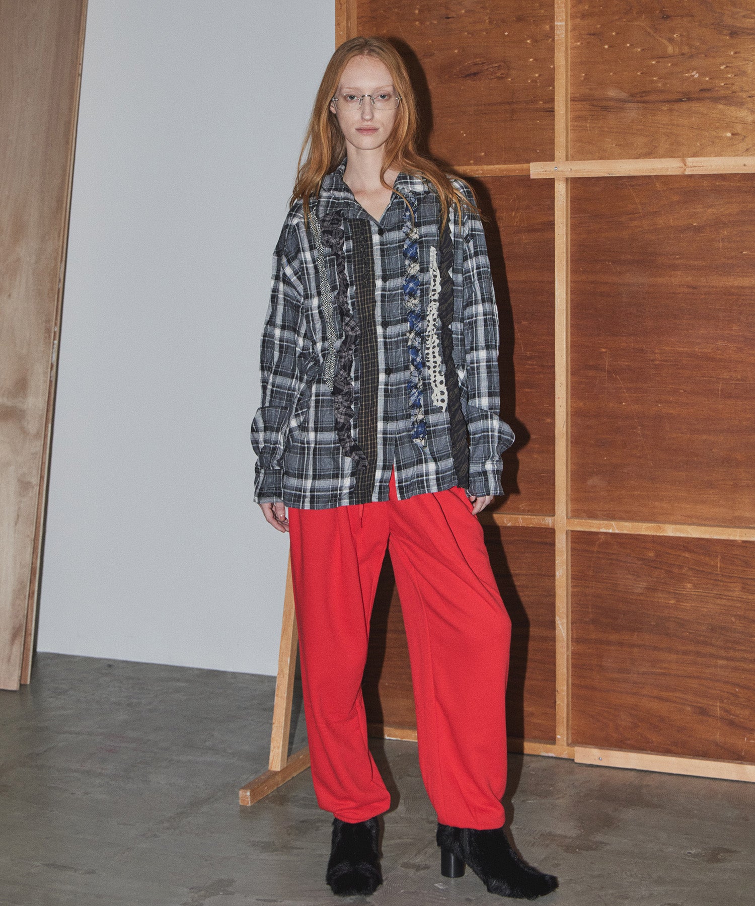 【OPEN YY】CHECKERED CRINKLE RUFFLE SHIRT