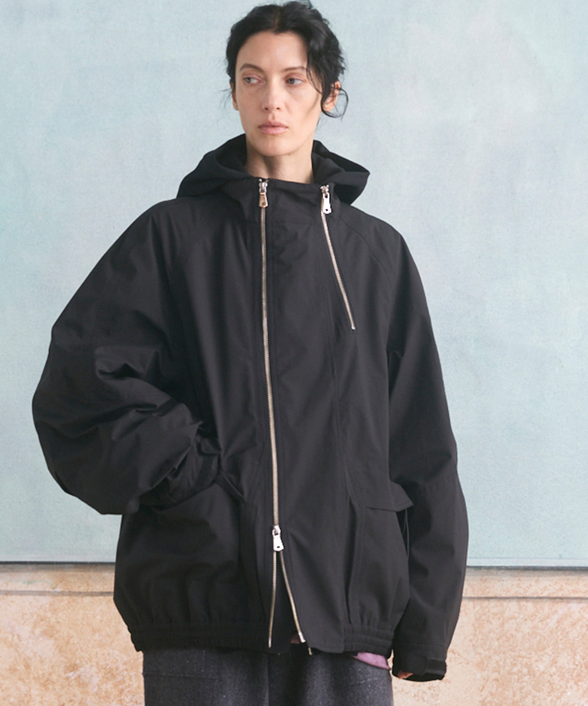 [26AW PRE-ORDER] Three-Layer Asymmetrical Front Zip Prime-Over Stand Collar Blouson
