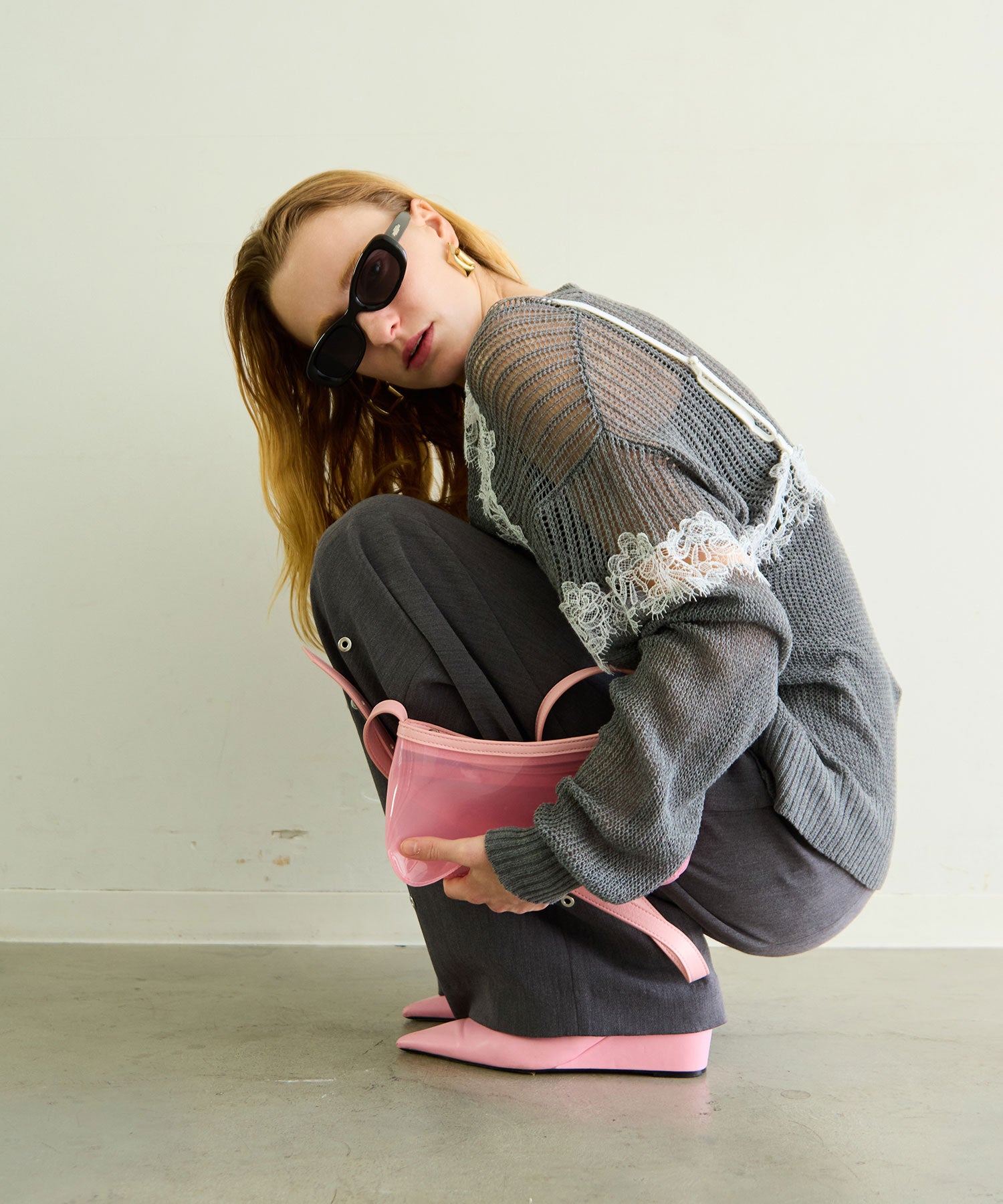 Lace-Combi Mesh Knit Pullover