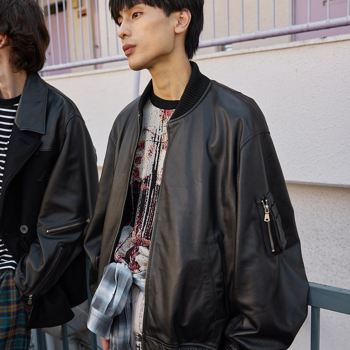 ★3011 ウエストライド Pコート メルトン チェック 馬革 レザー 黒 XL ☆3011 ウエストライド Pコート メルトン チェック 馬革 レザー