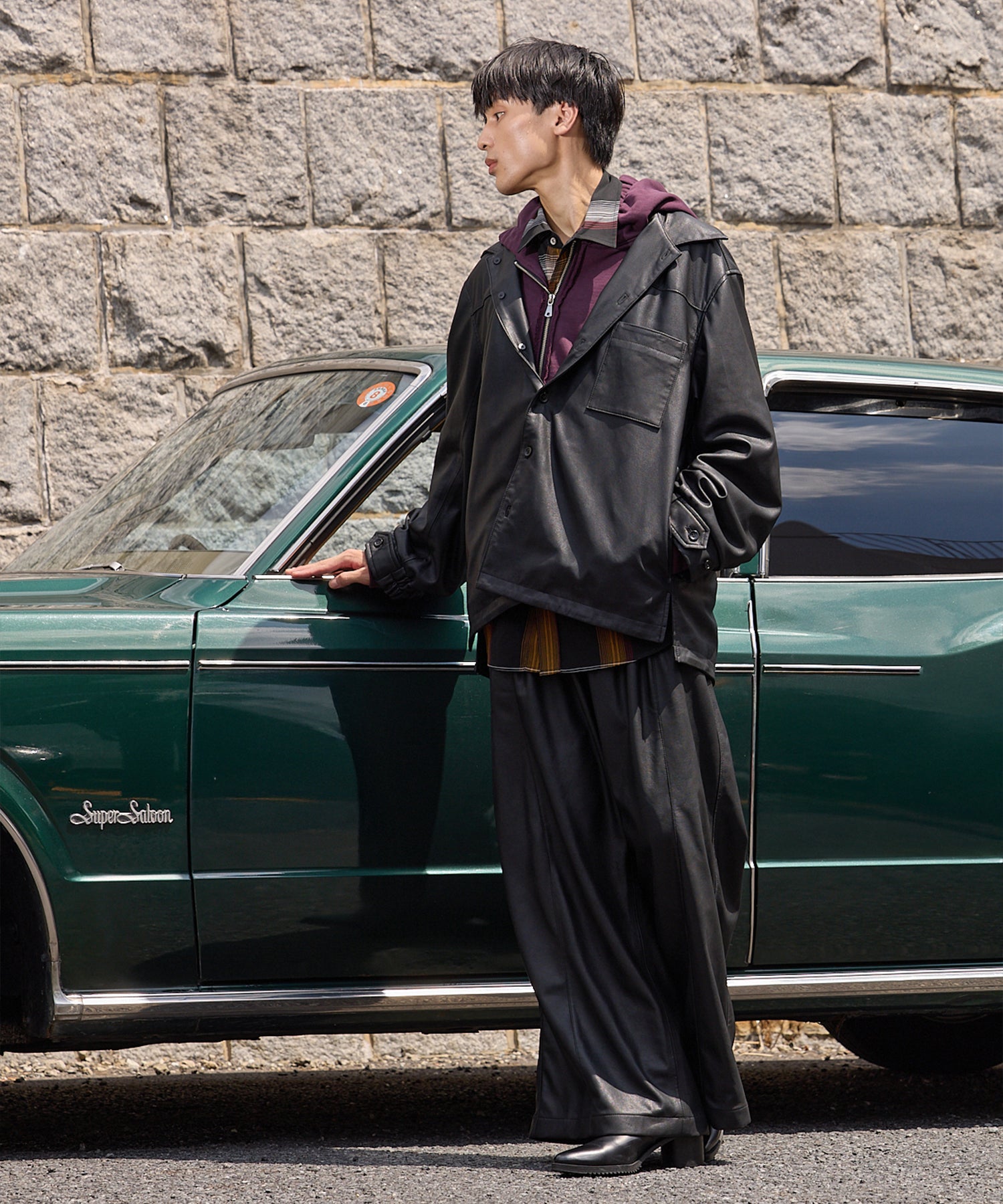 Artificial Leather Pin-Tuck Wide Pants