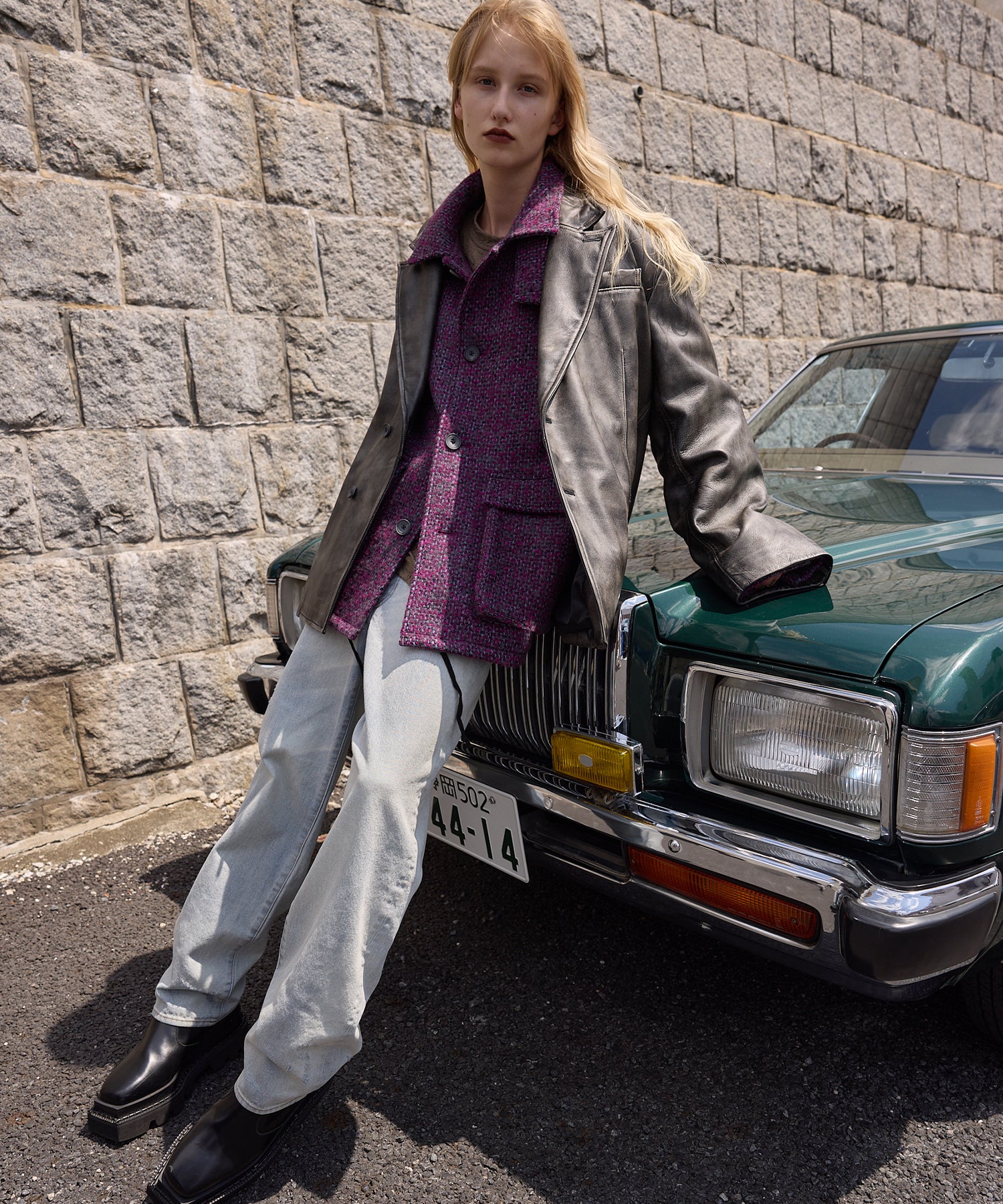 [25AW 사전 주문] 양 가죽은 정점에 정착 된 라펠 반 더블 테일러드 재킷