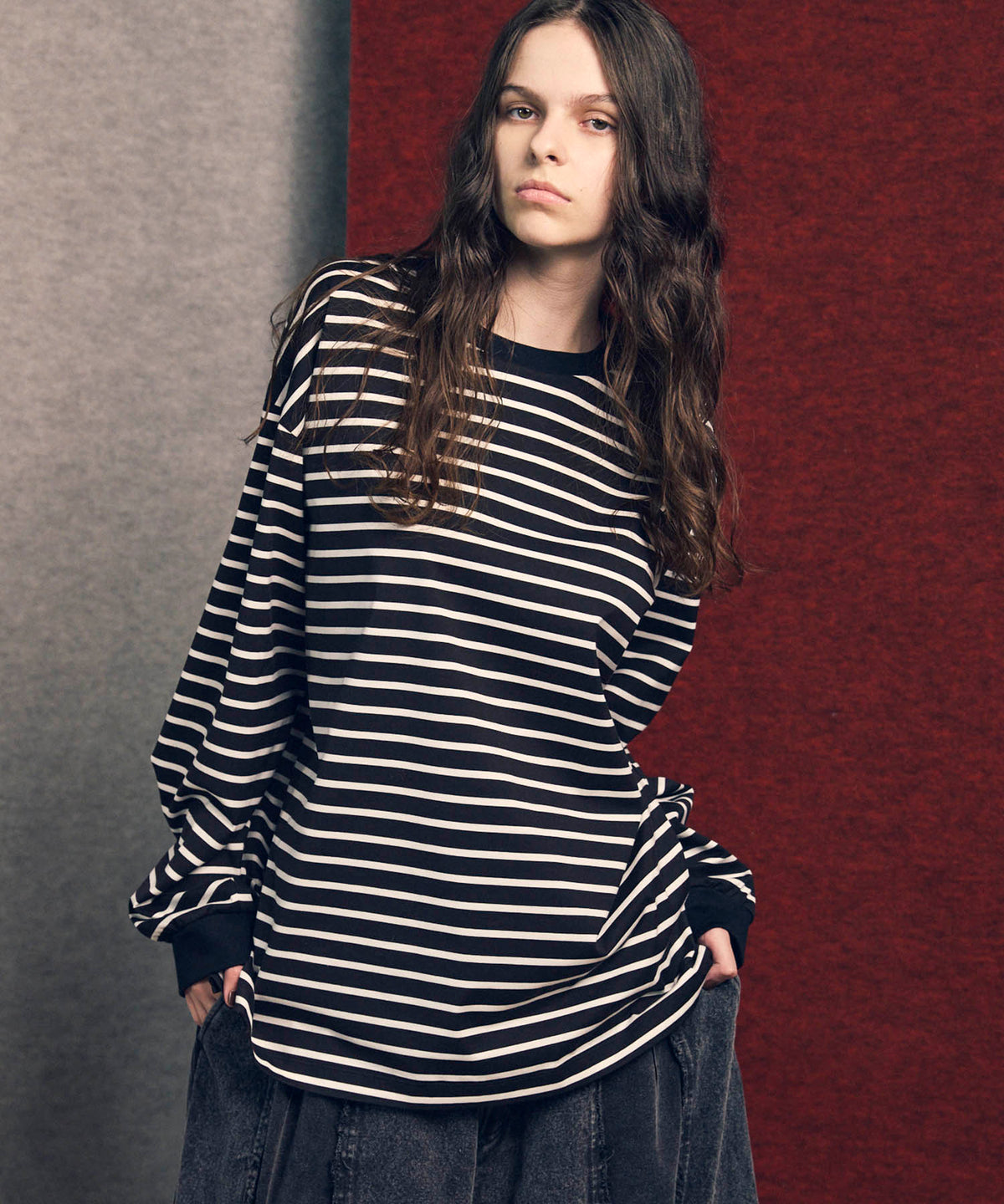 ULTIMA Cotton Border Prime-Over Crew Neck Long Sleeve T-Shirt