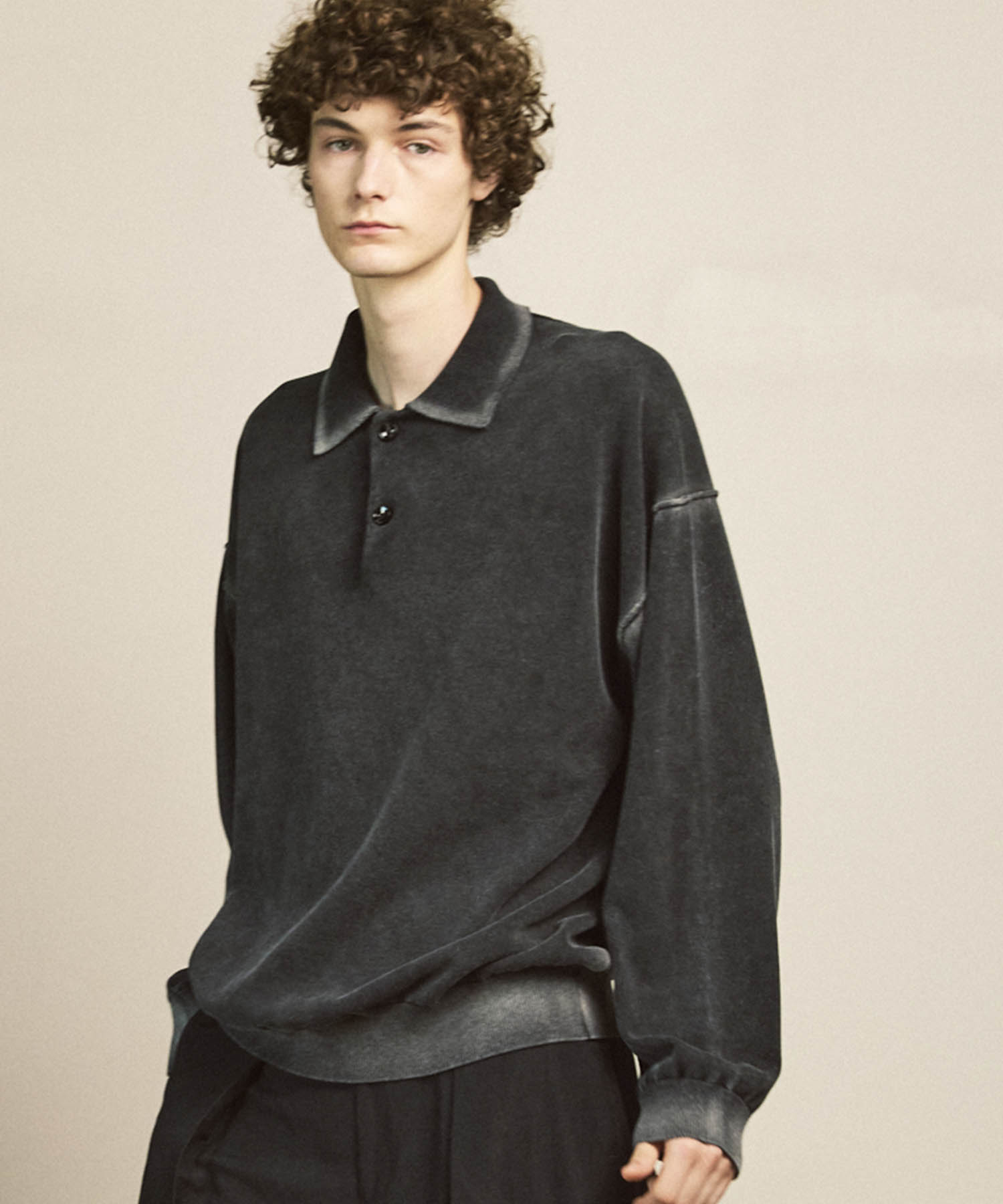 High Twist Pigment Bleach Prime-Over Long Sleeve Knit Polo Shirt