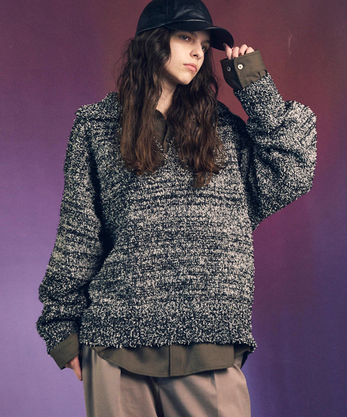 Mix Color Fancy Yarn Prime-Over Skipper Knit Pullover