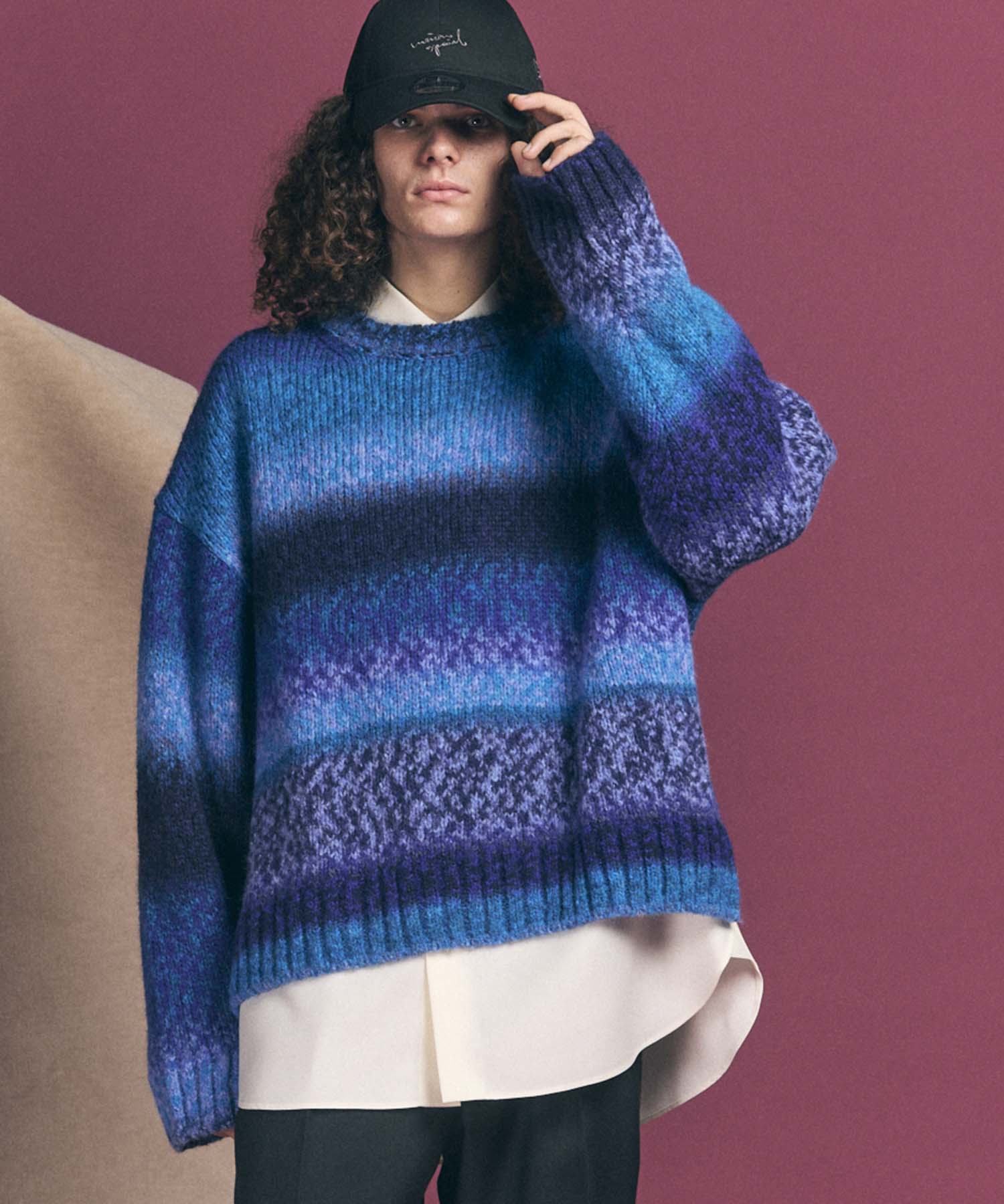 【24AW PRE-ORDER】PINORI Long Space-Dye Gradation Prime-Over Crew Neck Knit PullOver