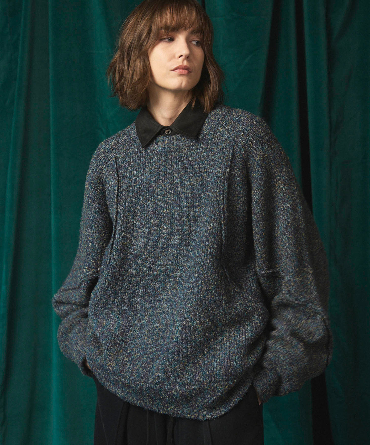 Melange Boucle Crew Neck Prime-Over Knit Pullover