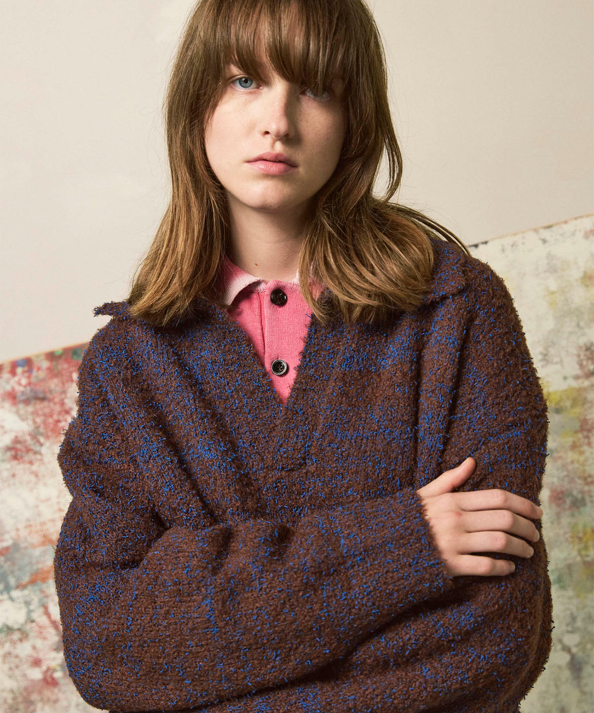 Mix Color Fancy Yarn Prime-Over Skipper Knit Pullover