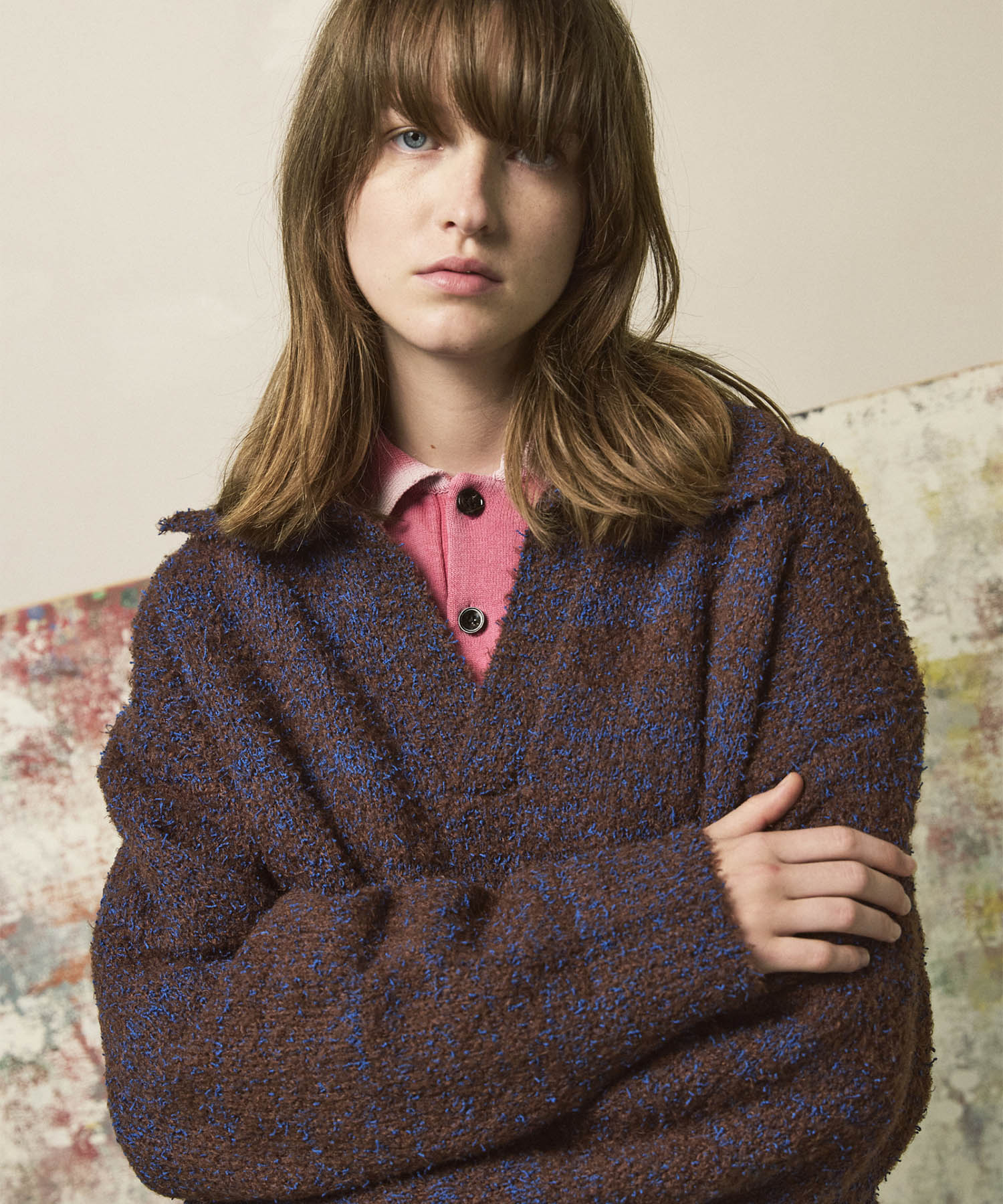 Mix Color Fancy Yarn Prime-Over Skipper Knit Pullover