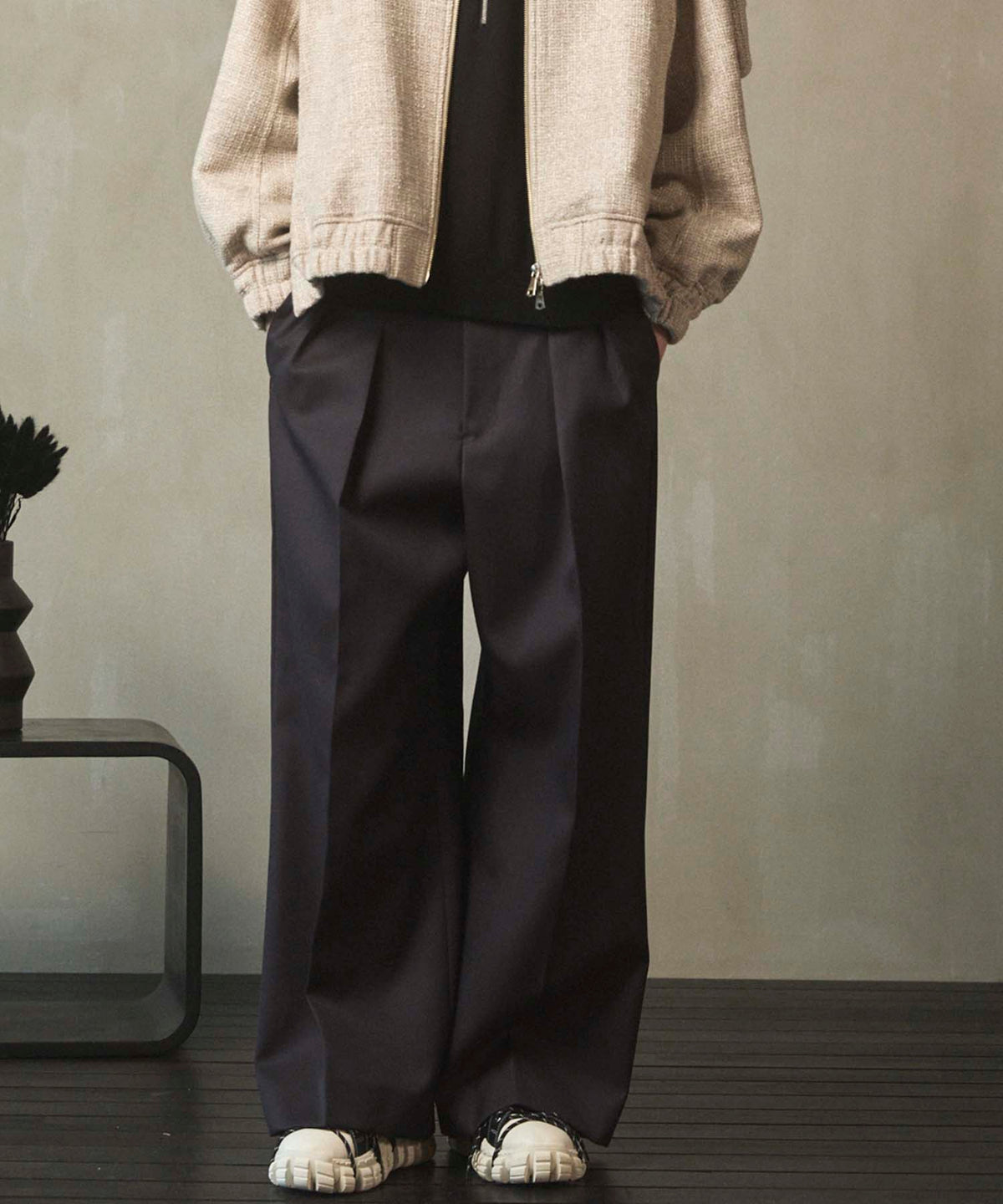 4 Colors Chambray Washable Wool Prime-Wide Two Tuck Wide Pants