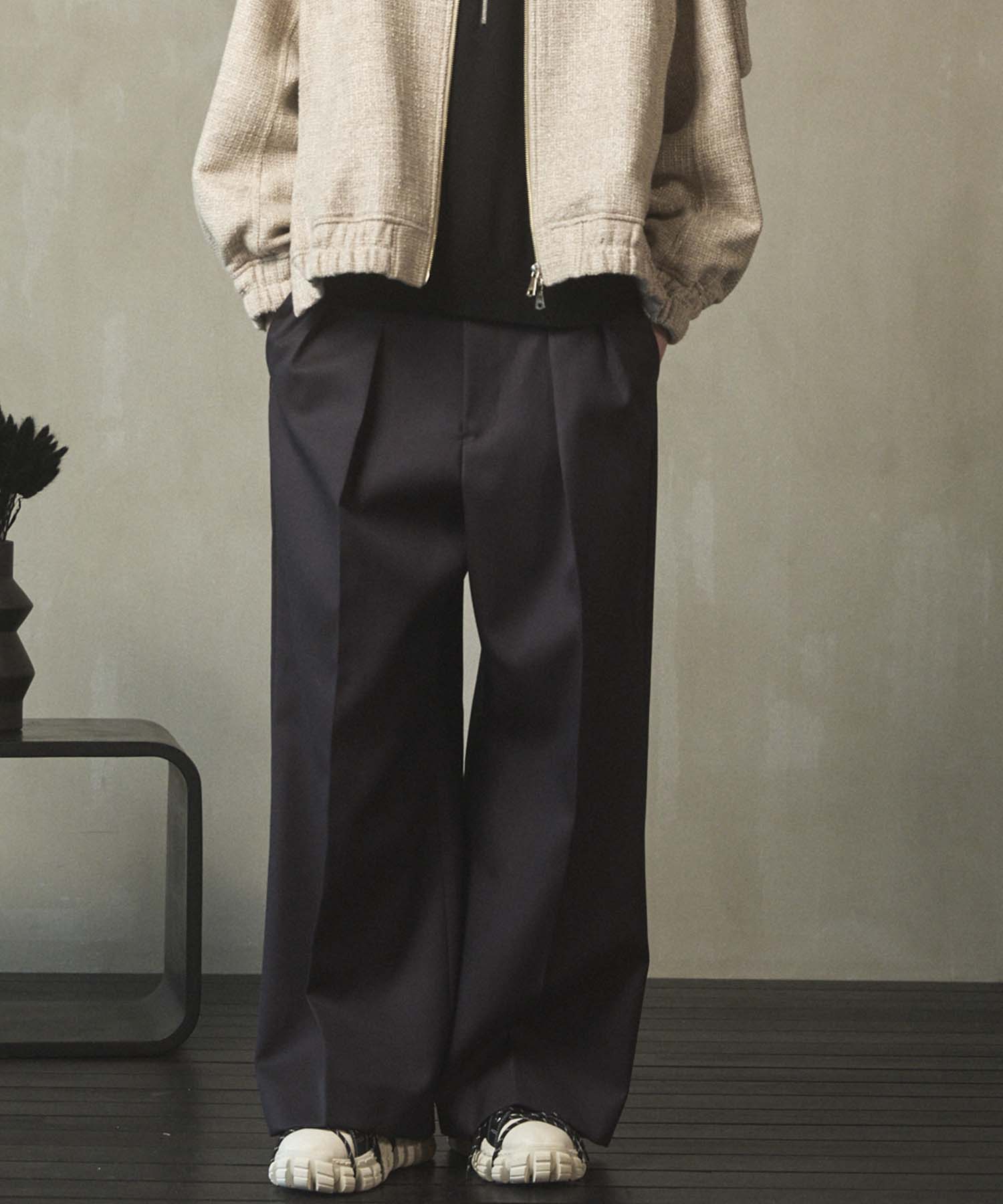 4色シャンブレーウールツータックワイド 4 Colors Chambray Washable Wool Prime-Wide Two Tucks Pants