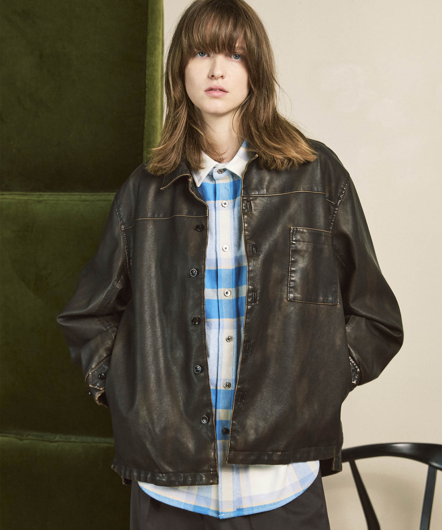 Artificial Leather Prime-Over Shirt Blouson