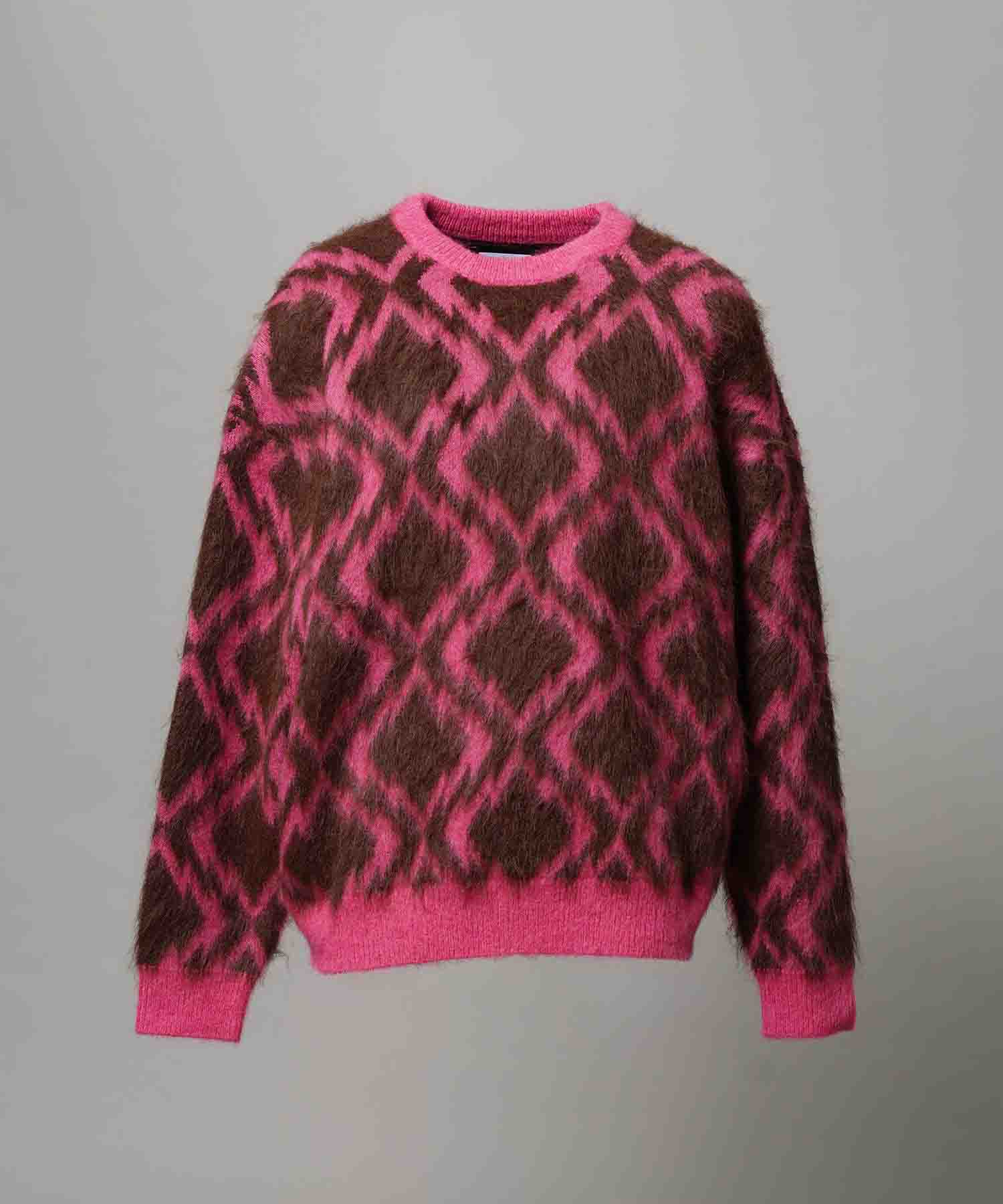 [25AW PRE-ORDER] Diamond Geometric Pattern Prime-Over Crew Neck Mohair Shaggy Knit Pullover