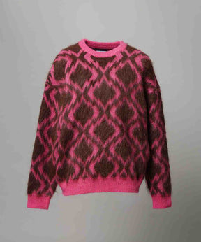 [25AW PRE-ORDER] Diamond Geometric Pattern Prime-Over Crew Neck Mohair Shaggy Knit Pullover