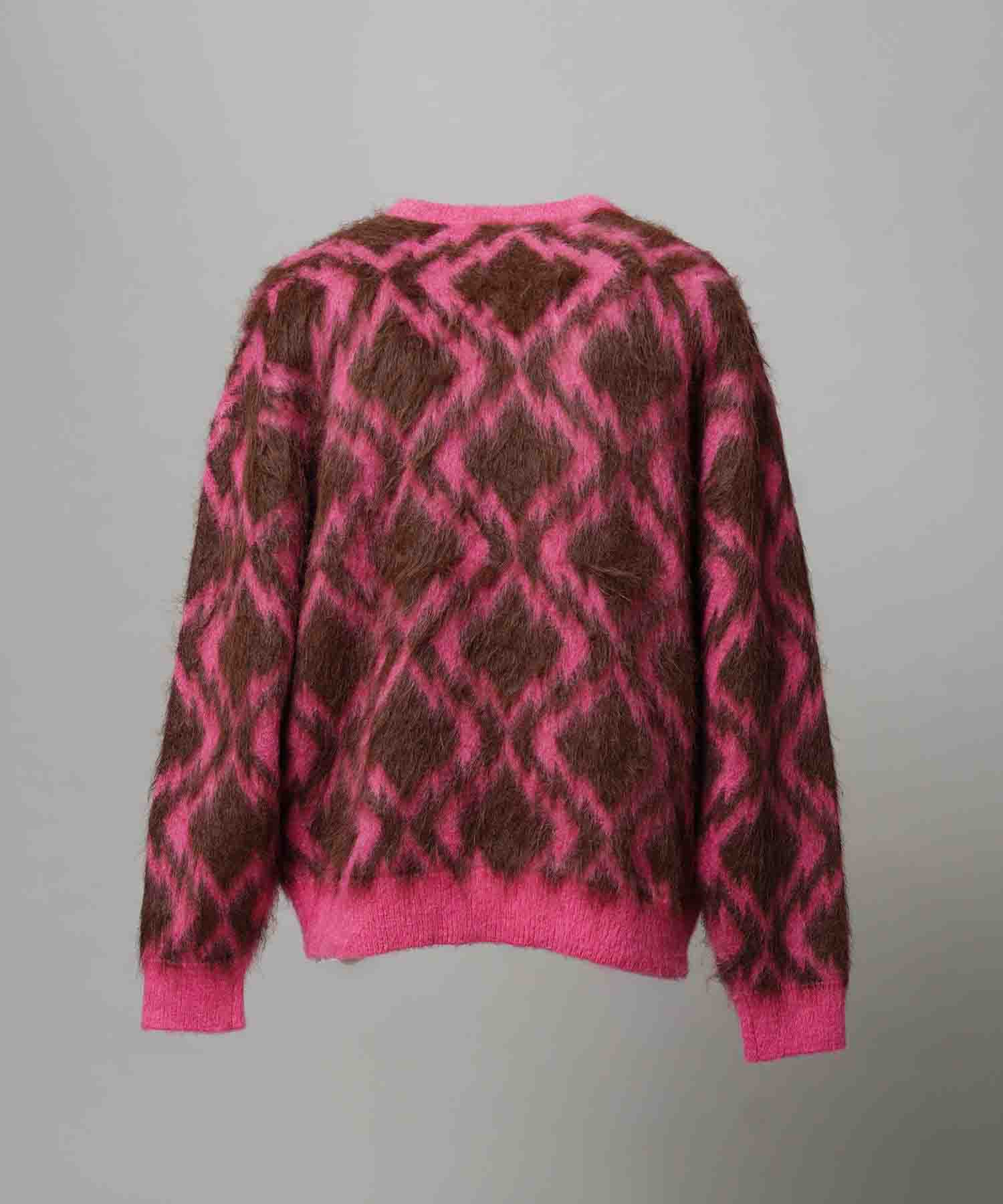 [25AW PRE-ORDER] Diamond Geometric Pattern Prime-Over Crew Neck Mohair Shaggy Knit Pullover