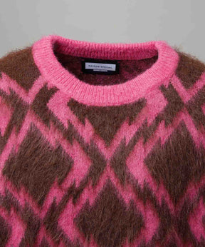 [25AW PRE-ORDER] Diamond Geometric Pattern Prime-Over Crew Neck Mohair Shaggy Knit Pullover