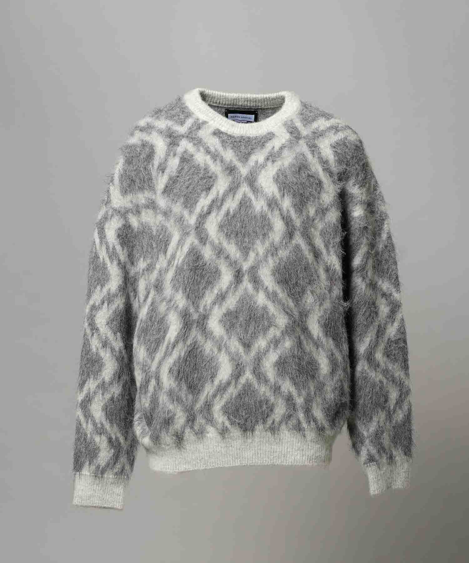 [25AW PRE-ORDER] Diamond Geometric Pattern Prime-Over Crew Neck Mohair Shaggy Knit Pullover