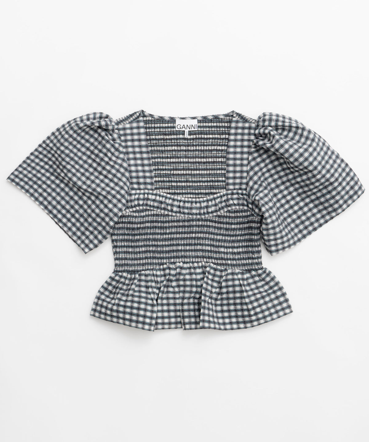 [Ganni] SEERSUCKER CHECK OPEN-NECK SMOCK BLOUSE