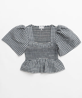 【GANNI】Seersucker Check Open-neck Smock Blouse