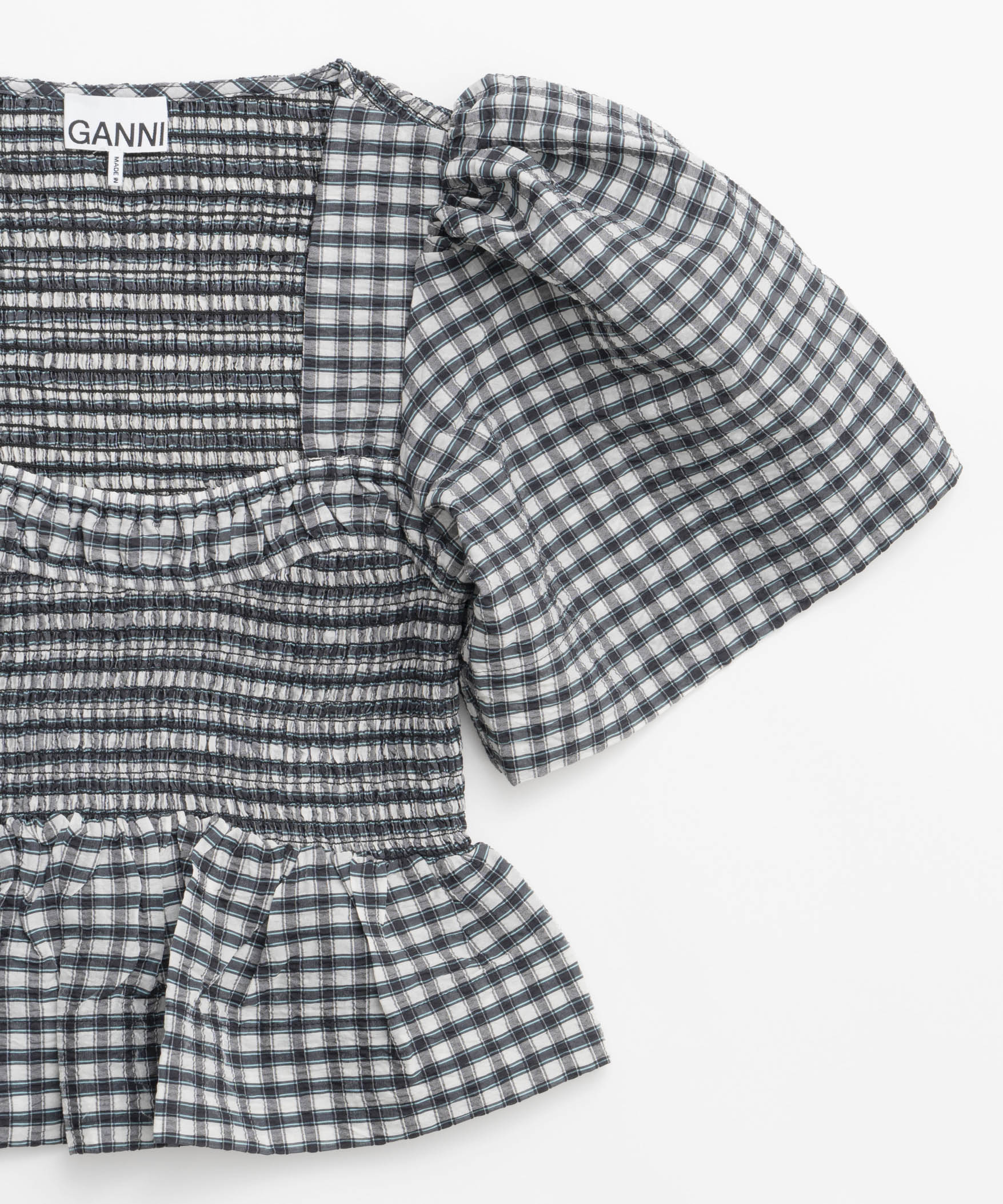 【GANNI】Seersucker Check Open-neck Smock Blouse