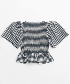 【GANNI】Seersucker Check Open-neck Smock Blouse