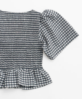 【GANNI】Seersucker Check Open-neck Smock Blouse