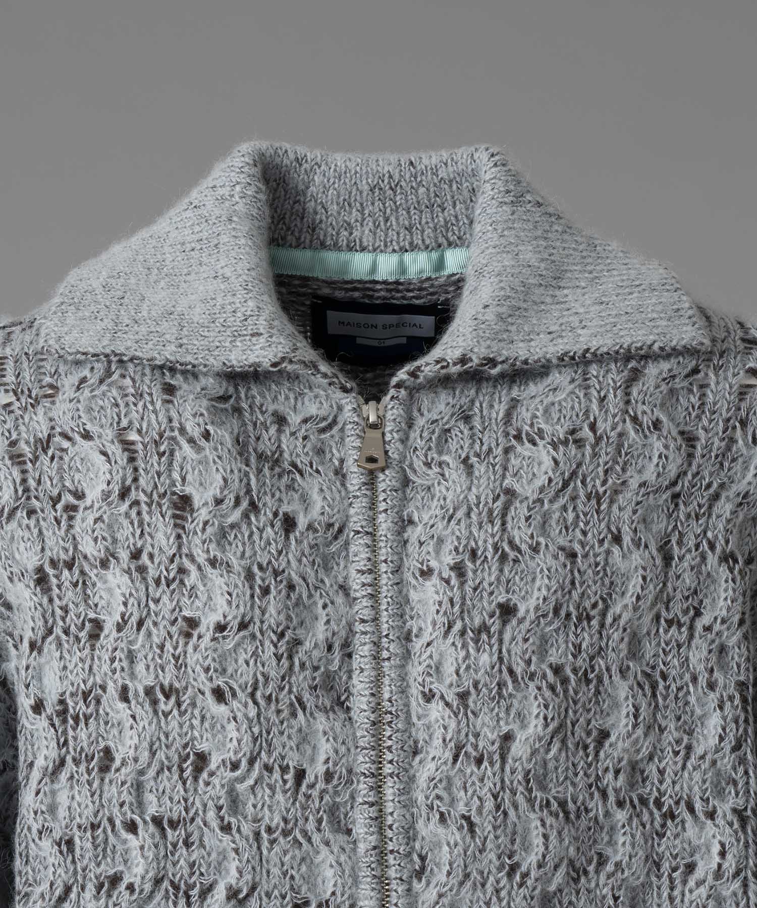 Prime-Over Mohair Mixed Plating Cable Knit Zip Blouson