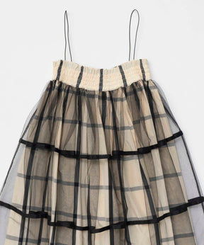 【25SPRING PRE-ORDER】2way Tulle Layered Plaid Pattern Volume Silhouette Skirt